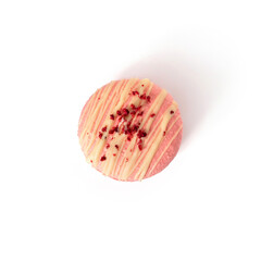 Pink strawberry macaroon cookie isolated on white background. Candy bar, sweets and dessert, top view