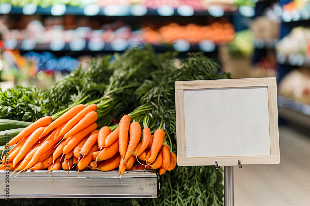 Wall mural white banner advertisement with carrots in supermarket with copy space for promotion., offer or text