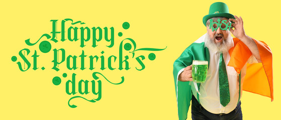 Funny bearded man in leprechaun's hat, with beer and flag of Ireland on yellow background. Banner for St. Patrick's Day