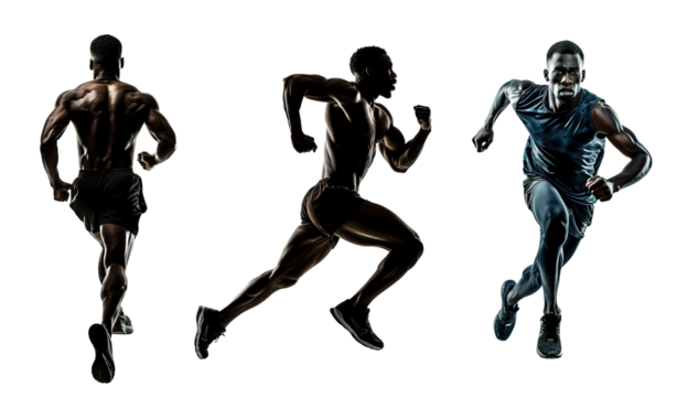 African American runner collection set posing front, back and side view. Isolated over transparent background - Powered by Adobe