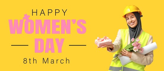 Greeting banner for International Women's Day with beautiful Muslim engineer on yellow background
