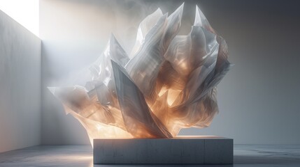 Abstract crystal sculpture with warm light on concrete plinth