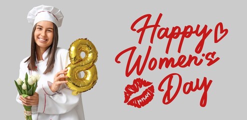 Greeting banner for International Women's Day with beautiful chef on light background