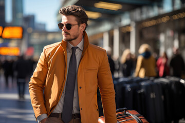 A dapper gentleman in a stylish suit and orange coat stands confidently on the busy city street, his handbag and sunglasses adding to his impeccable street fashion