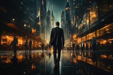A lone figure navigates the bustling streets of the city, his attire blending seamlessly with the towering buildings and neon lights reflecting off the pavement in the dark of night