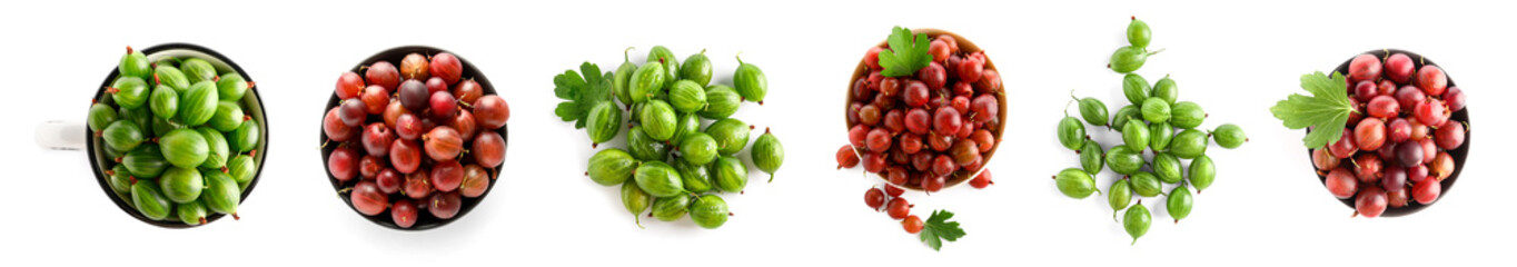 Collage of fresh gooseberries on white background, top view