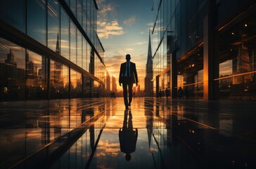 As the sun sets behind the city skyline, a lone figure walks through the glass building, their reflection blending with the sky and clouds, creating a surreal scene of urban isolation and introspecti