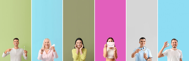 Collage of people with healthy teeth on color background. Dentistry concept - obrazy, fototapety, plakaty