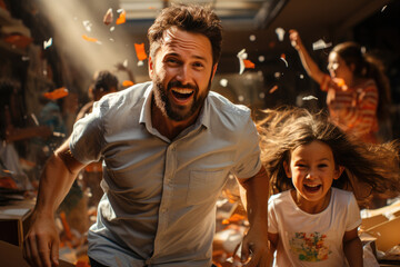 Obraz premium A joyous man and a beaming girl run through a room filled with vibrant confetti, their faces radiating pure happiness as they celebrate life together