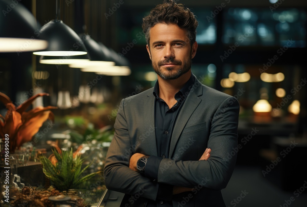 Wall mural A confident man stands tall, his arms crossed in front of a vibrant houseplant, a smile gracing his human face as he exudes style and sophistication in his tailored suit