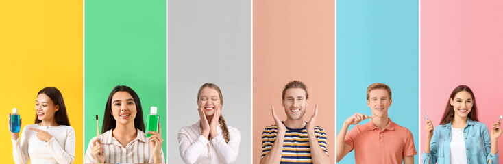 Collage of people with healthy teeth on color background. Dentistry concept