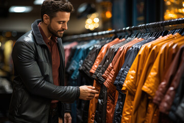 A fashion-conscious man stands on the bustling street, eyeing the array of jackets on display at a trendy store, his face contorted in contemplation as he imagines the perfect addition to his wardrob