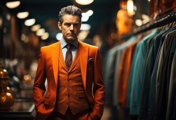 Fototapeta premium A dapper businessman confidently stands outside a fashionable store, dressed in a sleek suit and coat, his human face exuding sophistication and style
