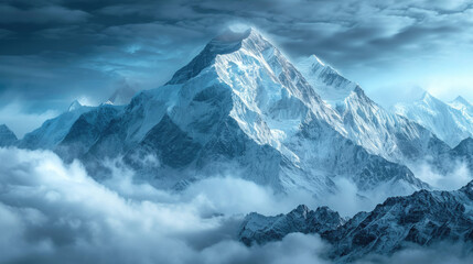 Fototapeta na wymiar a mountain Everest lake is covered with snow with mountains around it Generative AI