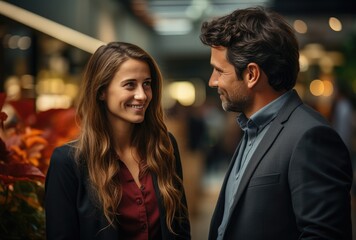 Two strangers share a subtle smile as they stand in formal attire, their human faces expressing a deep connection amidst the contrast of indoor and outdoor surroundings