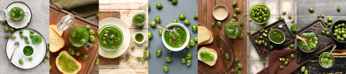 Collage of sweet green gooseberry jam on table, top view