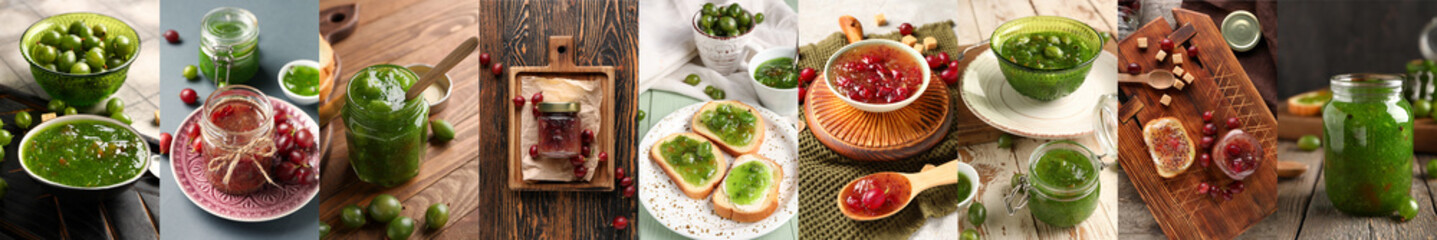 Collage of sweet gooseberry jam on table - obrazy, fototapety, plakaty