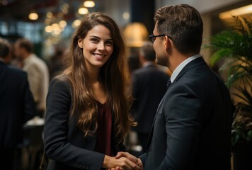 A stylishly dressed man and woman exude confidence as they seal a business deal with a firm handshake, their beaming smiles reflecting their mutual trust and respect