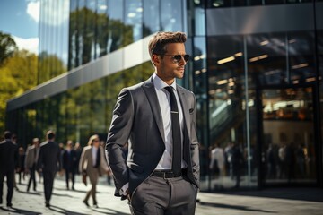 A sharply dressed businessman struts confidently down the city sidewalk, his tailored suit and stylish sunglasses exuding a sense of power and sophistication - obrazy, fototapety, plakaty