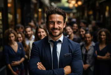Foto op Plexiglas A confident gentleman stands proudly in his tailored suit, surrounded by a sea of smiling faces, exuding charisma and elegance © LifeMedia