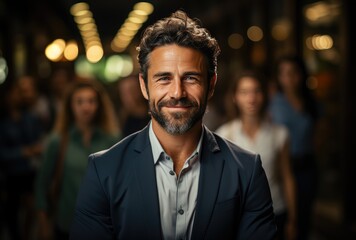 A dapper gentleman confidently beams at the camera, his well-groomed beard and sharp suit adding to his charismatic charm as he stands proudly on a bustling street