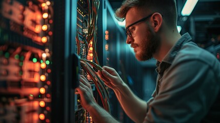 Obraz premium Side view portrait of young man wearing glasses connecting cables in server cabinet while working with supercomputer in data center 