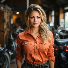 Fototapeta premium A stylish woman in an orange shirt stands confidently beside her motorcycle, the human face of a fierce rider, surrounded by the sleek lines of the land vehicle and the rugged beauty of the outdoor l