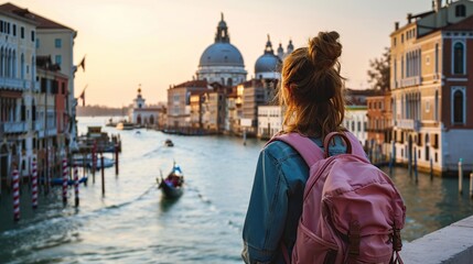 Young woman traveling in Venice, Italy. Back view of young woman with backpack looking at Grand Canal at sunset.