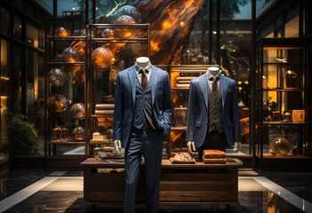 A sharply dressed mannequin stands confidently on the busy city street, its suit and coat expertly crafted to match the grandeur of the surrounding buildings