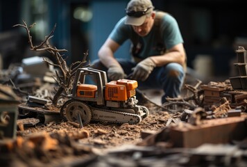 A man in rugged outdoor clothing carefully uses a power saw to create a land vehicle with wheels, resembling a tree, showcasing his determination and craftsmanship