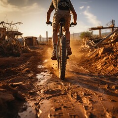 Amidst the rugged terrain, a fearless rider conquers the earth and sky on their off-road bike, leaving a trail of mud and determination in their wake - obrazy, fototapety, plakaty