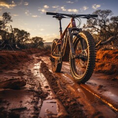A lone bicycle, its wheels caked with mud, rests on a winding path under a fiery sunset sky, symbolizing the enduring journey of outdoor adventure and the freedom of cycling
