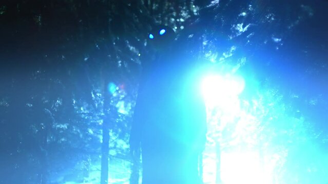 Silhouette of alien with glowing eyes standing in the dark forest at night, ufo light shining at camera