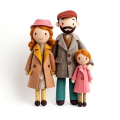Family. Mom, dad, child. People. Rag dolls. cute characters. toys made of fabric and felt adult woman in coat, adult man and child isolated on white background