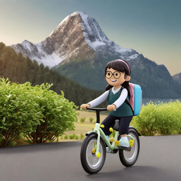 3D kid character ride bike go to school