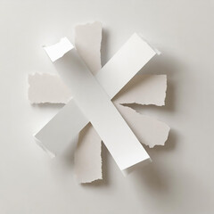 3d render, blank ripped paper pieces in the shape of a cross isolated on white background. Abstract modern wallpaper