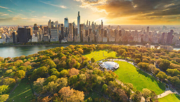 Aerial Helicopter Photo Over Central Park with Nature, Trees, People Having Picnic and Resting on a Field Around Manhattan Skyscrapers Cityscape. Beautiful Evening with Warm Sunset Light