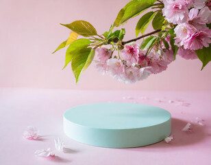 Round podium platform stand for product presentation and spring flowering tree branch with pink cherry blossom flowers on pastel background. Front view