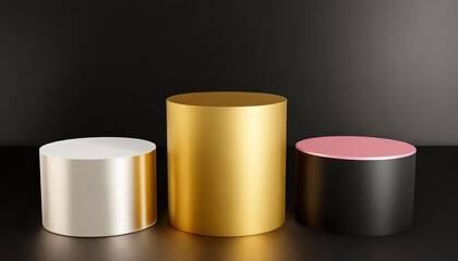 Set of 3D abstract cylinder stand podium background in black, golden, silver and pink gold color. Minimal scene mockup product display presentation, Stage showcase