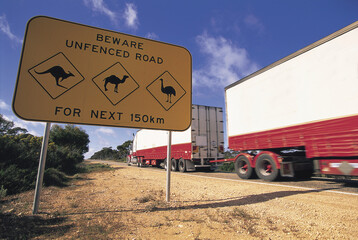 Warning wildlife sign along an unfenced section of a road in outback Queensland, Australia. - 719703675