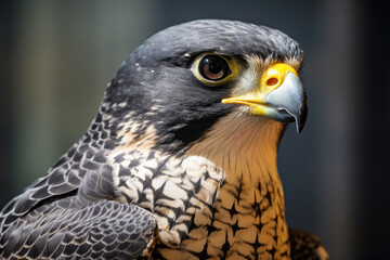 Obraz premium Close up macro of peregrine falcon, bird of pray on blurred background