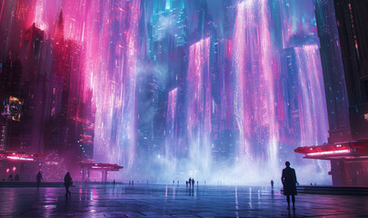 A city square surrounded by holographic waterfall