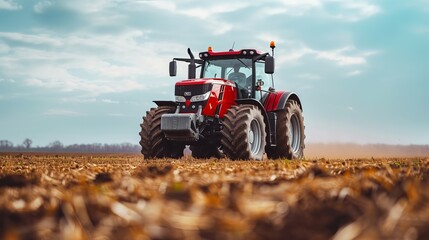 Tractor for farm work, modern agricultural transport working in the field, modern tractor close-up 