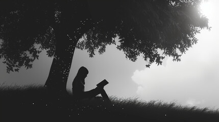 A girl lost in the pages of a book beneath the comforting shade of a tree, a perfect blend of literature and nature's tranquility