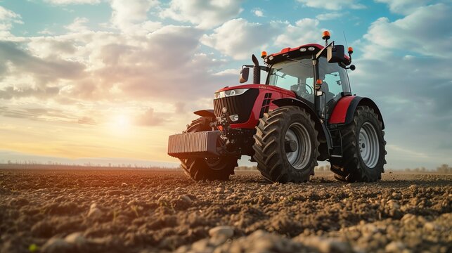 Tractor for farm work, modern agricultural transport working in the field, modern tractor close-up 