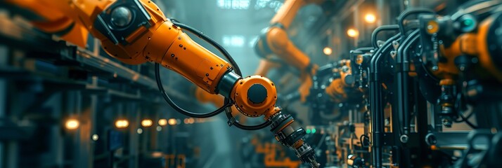 An automatic welding robot with a mechanical orange arm works in a contemporary auto parts factory.