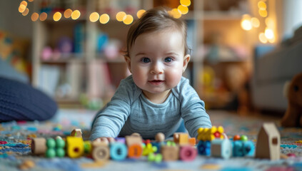 baby playing with wooden toys in their room Generative AI