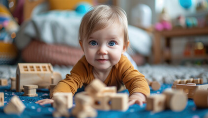 baby playing with wooden toys in their room Generative AI