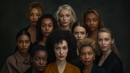 Fototapeta premium A powerful ensemble of women from various ethnicities and religions, standing together in solidarity, adorned in dark hues against a striking black backdrop
