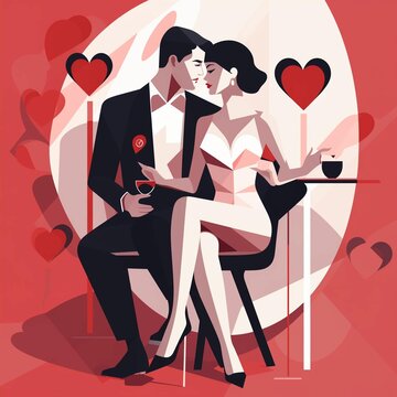  Vector illustration embodies tenderness and attraction, depicting a couple in love at the moment of their happiness and intimacy.